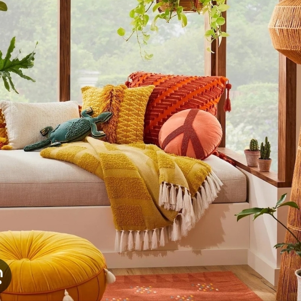 Jungalow Opalhouse Vibrant Yellow Geometric Tufted Throw Blanket Tassel